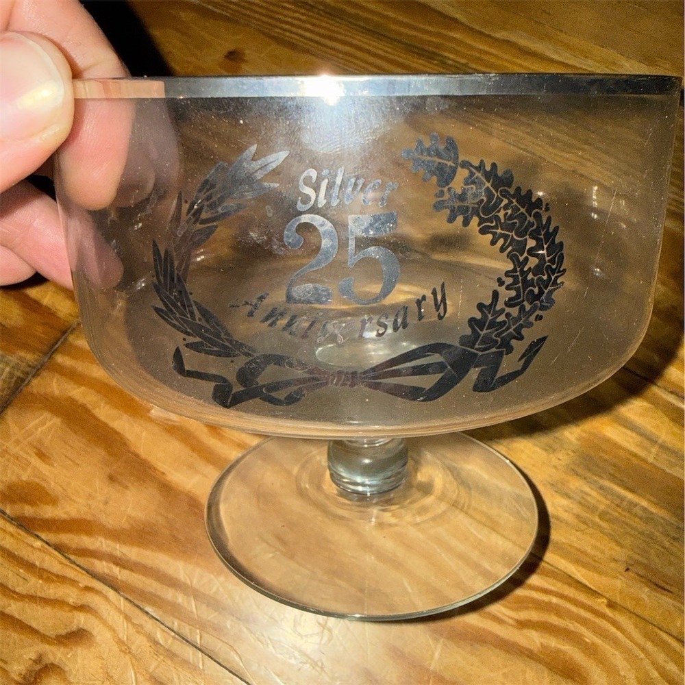 Princess House 25th silver Anniversary Etched Champagne Coupe Sherbet Footed Vtg